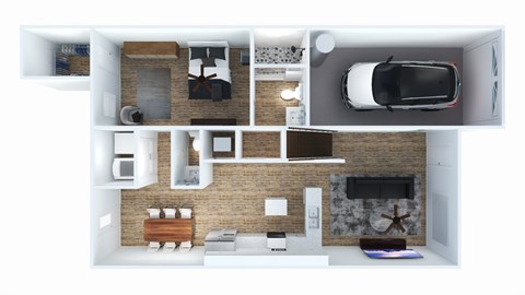 A top-down view of a modern apartment with a kitchen, living room, and bedroom.